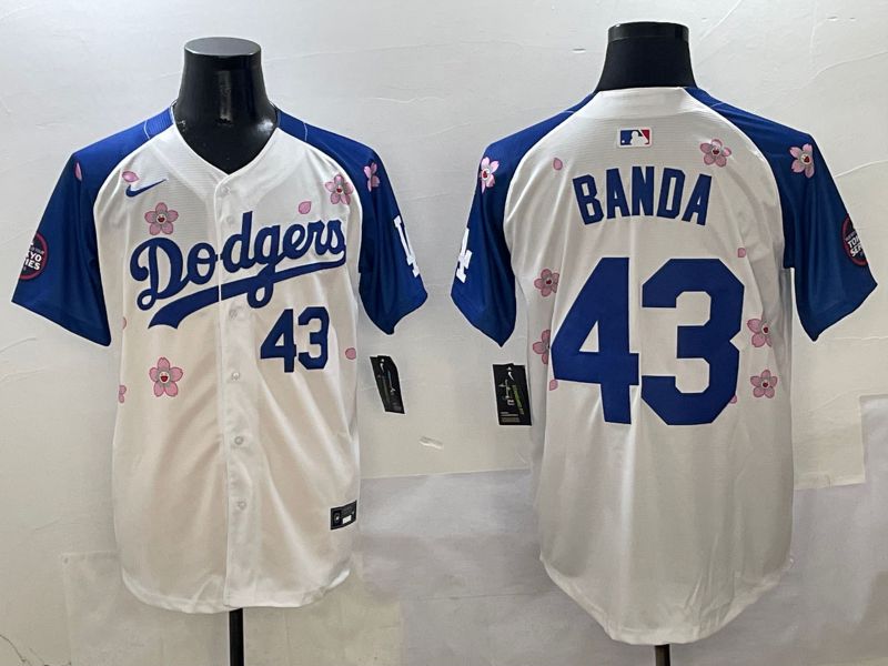 Men Los Angeles Dodgers #43 Banda White Blue Sakura Edition 2025 Nike MLB Jersey style 4
